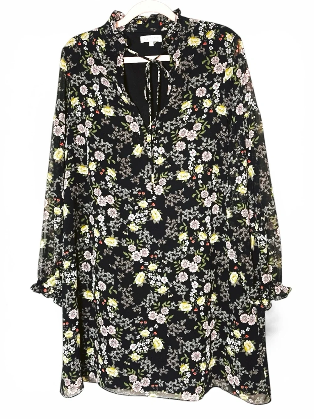 1.STATE Floral Tie Neck Sheer Long Sleeve Tunic Dress Size Large - Picture 2 of 6